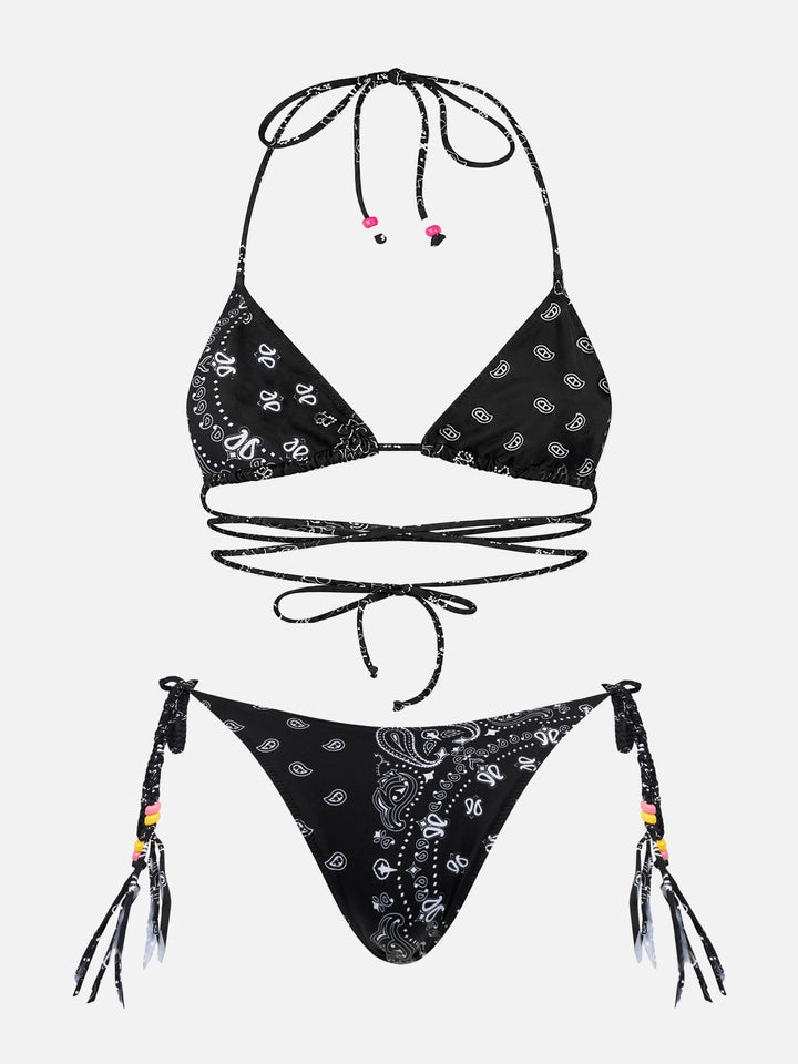 Veronique Marielle black bandana strappy triangle bikini with charms