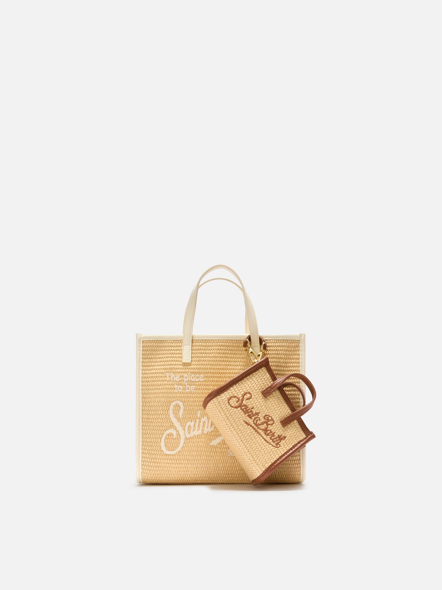 Vivian micro straw effect bag with brown embroidered logo