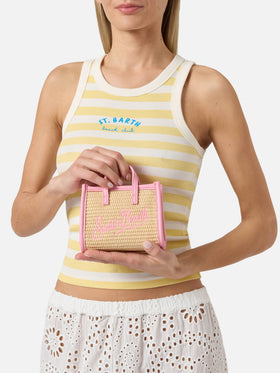 Borsa Vivian micro effetto raffia con logo rosa ricamato