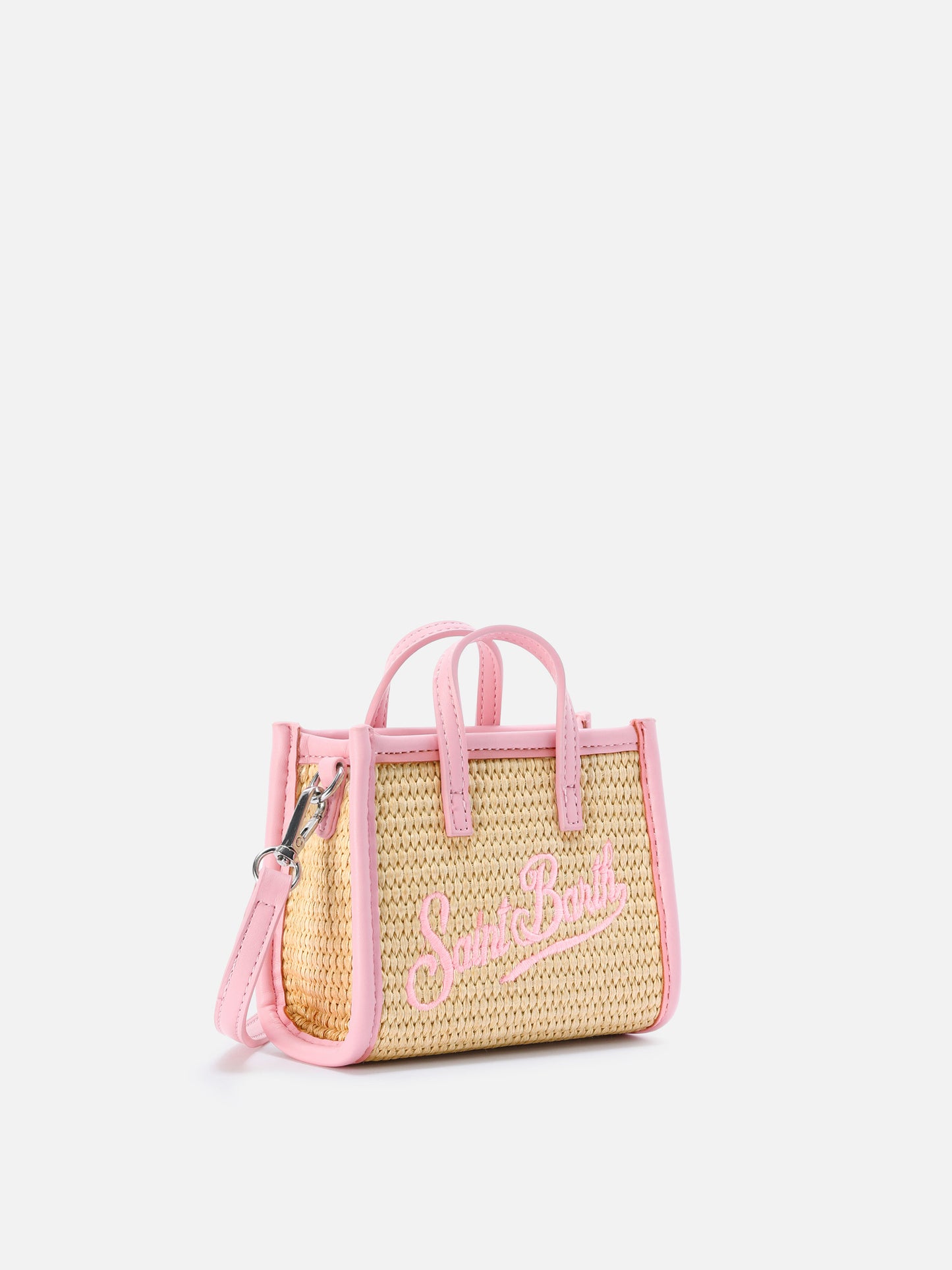 Borsa Vivian micro effetto raffia con logo rosa ricamato
