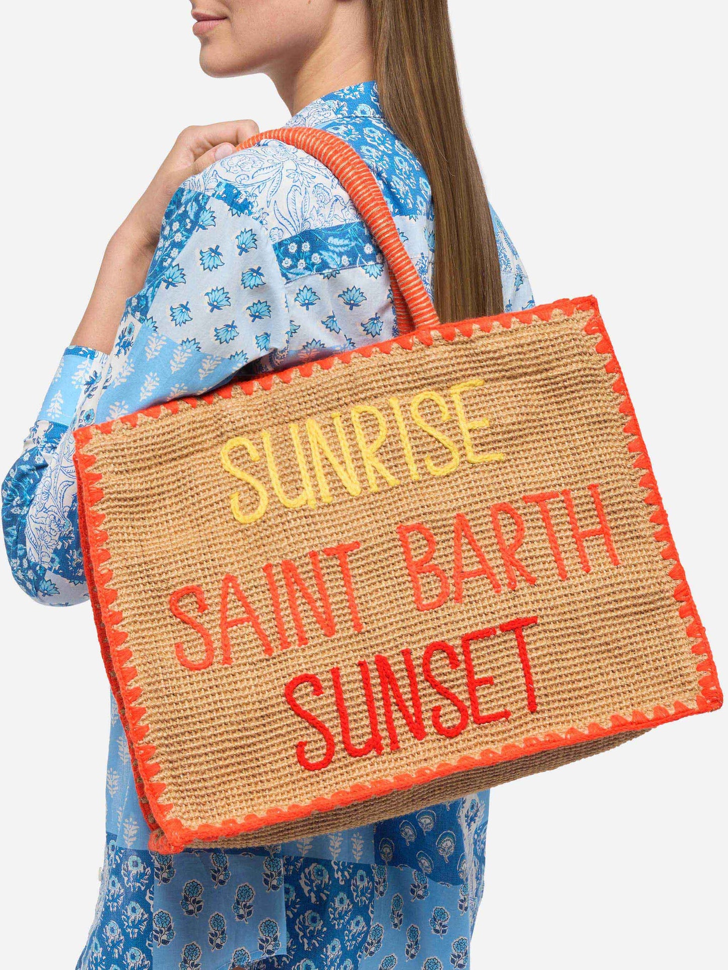 Beige Vivian Midi Jute handbag with trim and embroidery - MC2 Saint Barth