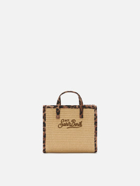 Vivian mini straw effect bag with leopard trims