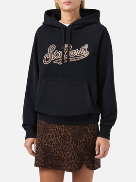 Schwarzer Virginia-Baumwollhoodie mit St. Barth-Stickerei im Animal-Print.