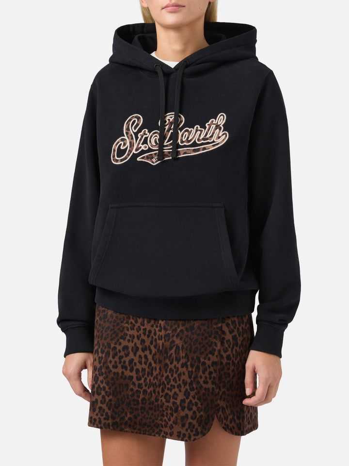 Schwarzer Virginia-Baumwollhoodie mit St. Barth-Stickerei im Animal-Print.