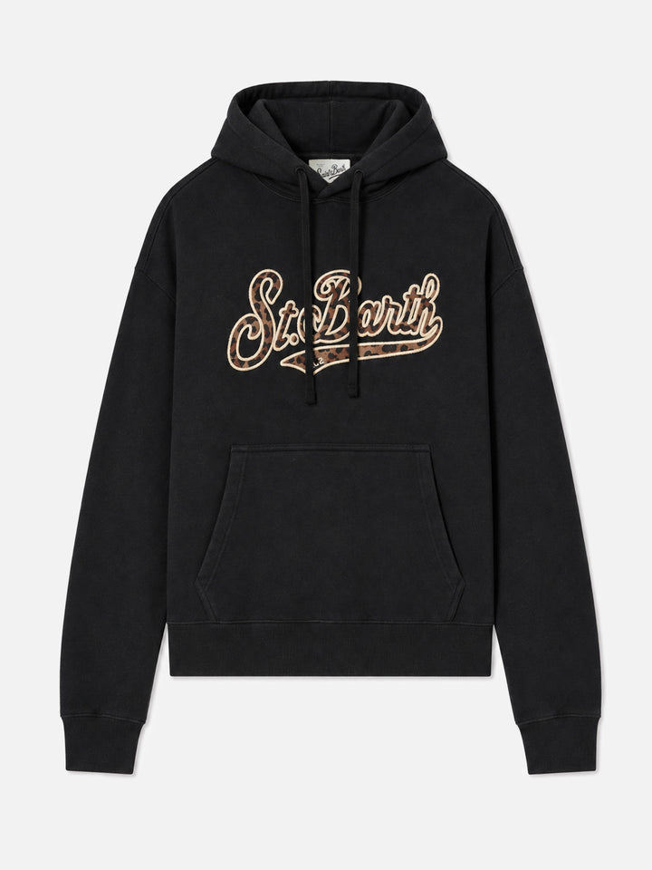 Sudadera con capucha de algodón Virginia en negro con bordado St. Barth de animal print 