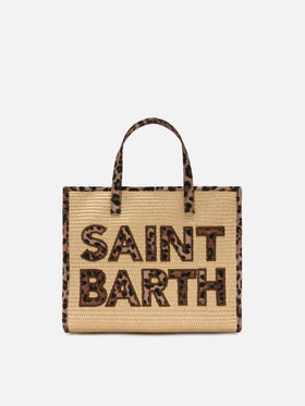 Borsa Vivian medium effetto raffia con patch logo leopardate
