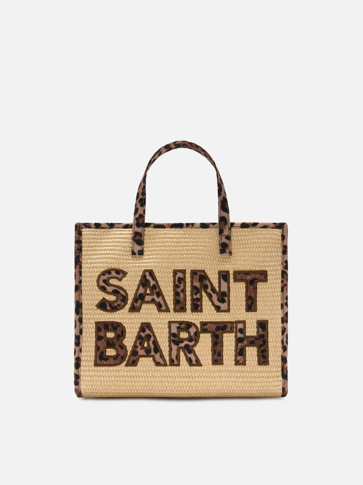 Vivian medium raffia effect bag with leopard logo patches