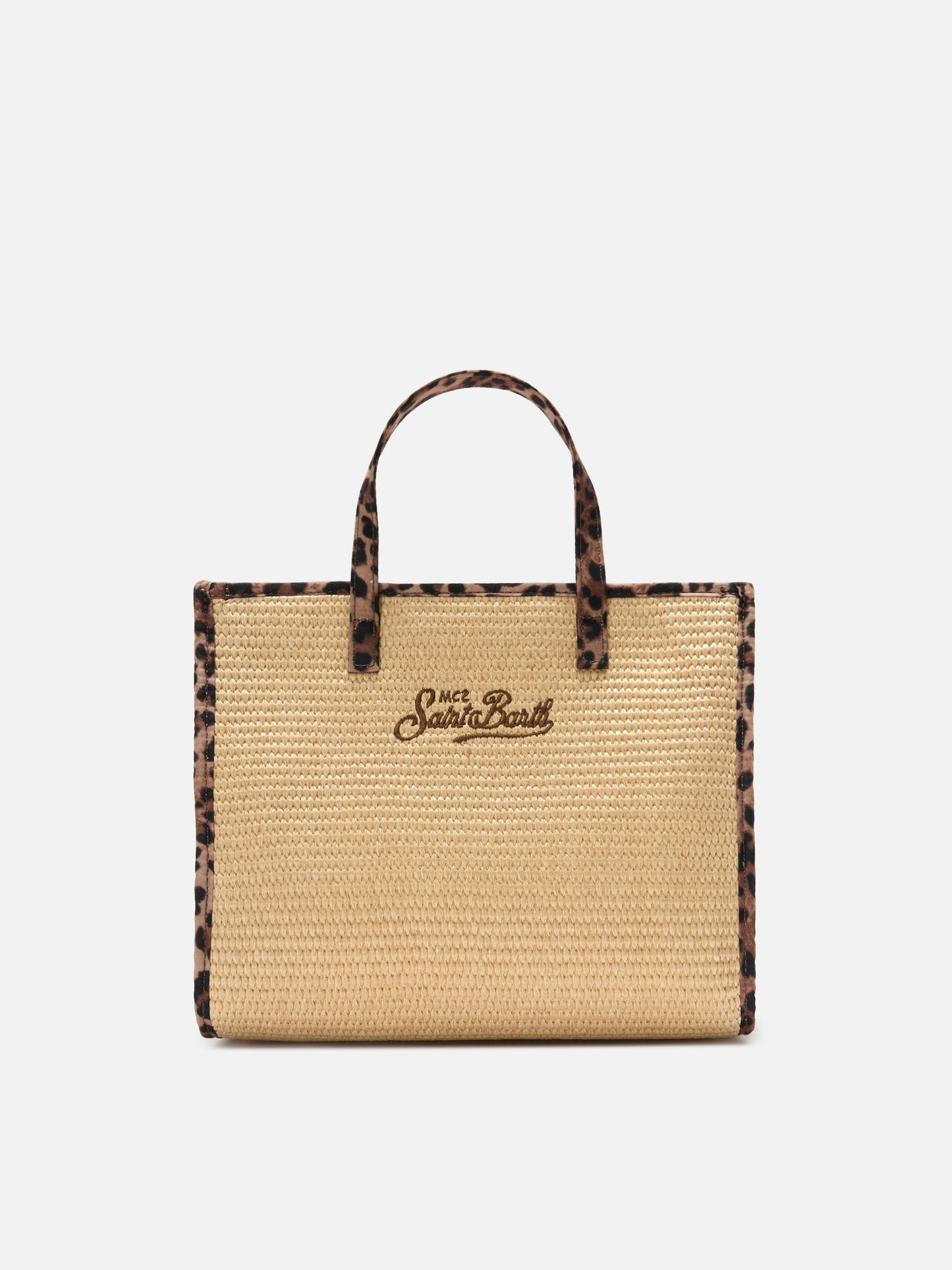 Borsa Vivian medium effetto raffia con patch logo leopardate