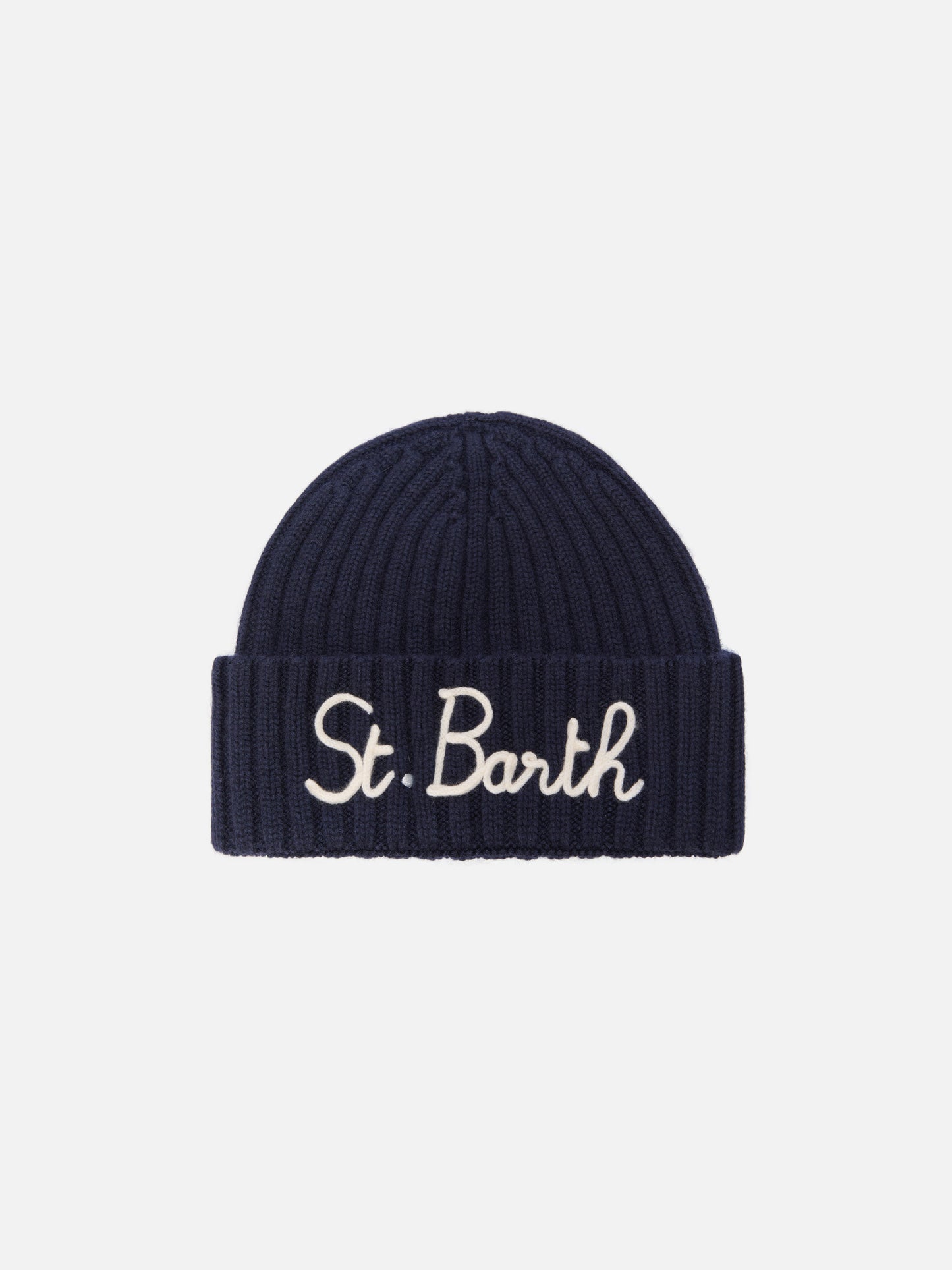Gorro Wengen en mezcla de cachemir azul con bordado St. Barth 