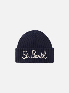 Gorro Wengen en mezcla de cachemir azul con bordado St. Barth 