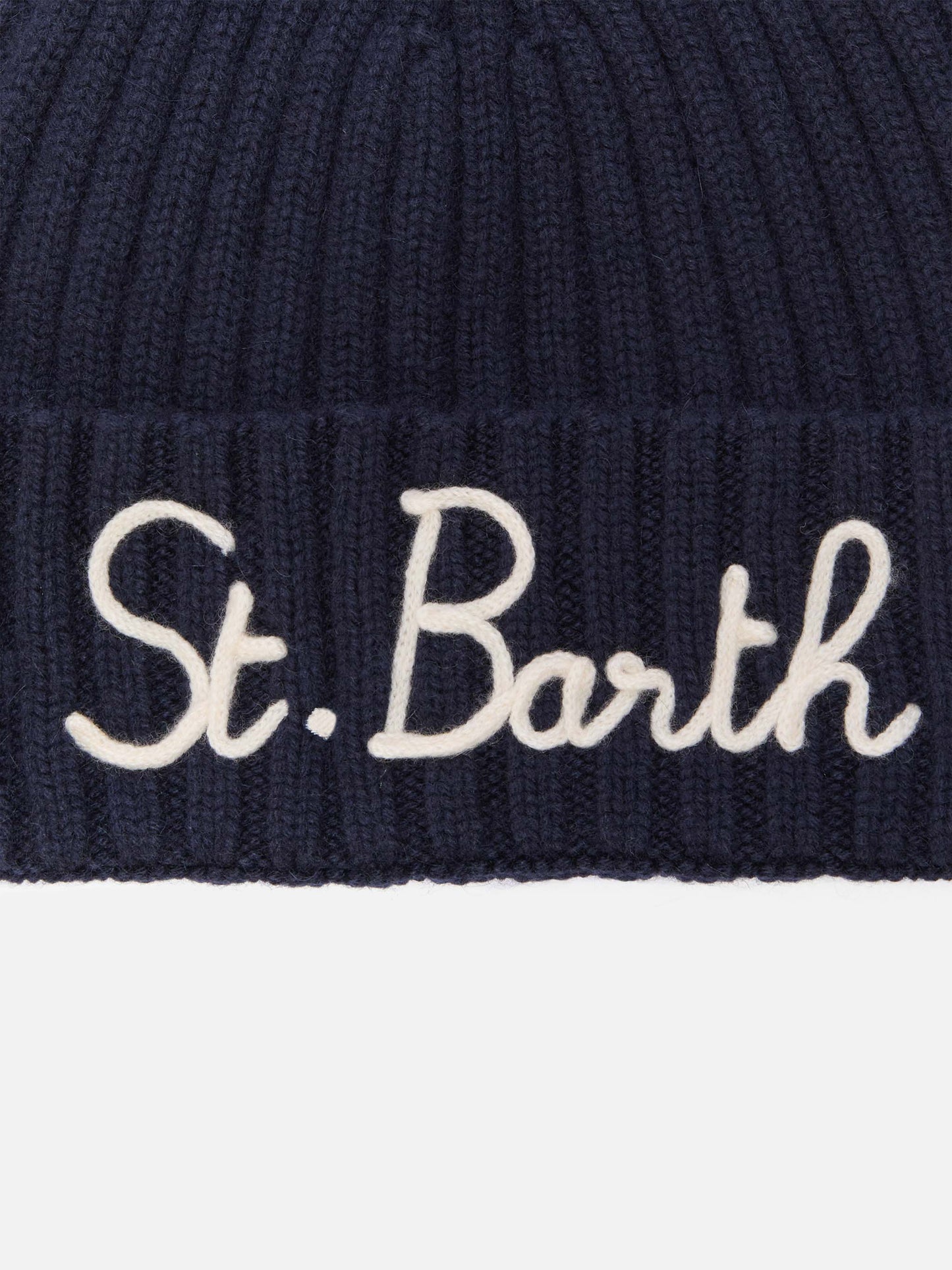 Gorro Wengen en mezcla de cachemir azul con bordado St. Barth 