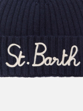 Gorro Wengen en mezcla de cachemir azul con bordado St. Barth 