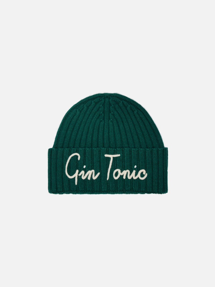 Wengen beanie in CASHMERE BLEND in British green with Gin Tonic cocktail embroidery