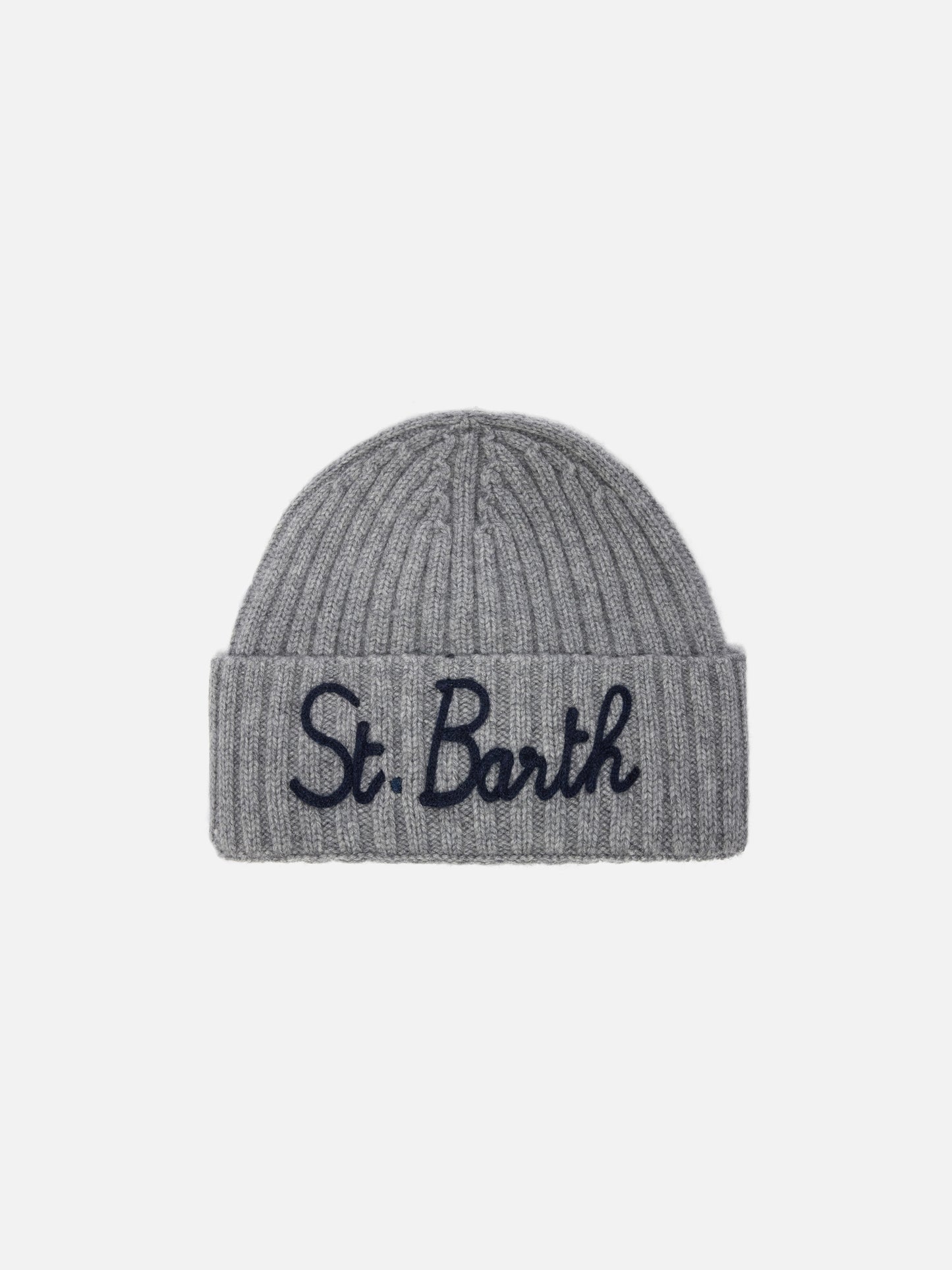 Bonnet Wengen en mélange de cachemire gris avec broderie St. Barth 