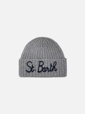 Bonnet Wengen en mélange de cachemire gris avec broderie St. Barth 