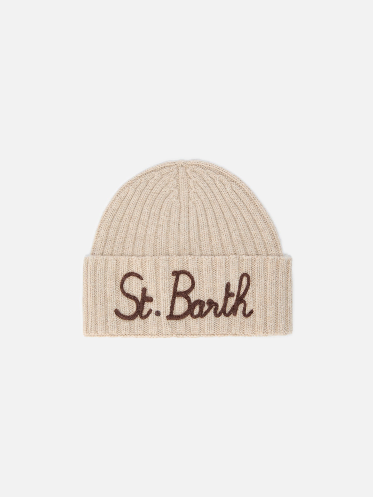 Wengen-Mütze aus Kaschmirmischung in Beige mit St. Barth-Stickerei