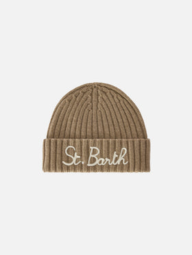 Bonnet Wengen beige avec broderie St. Barth 