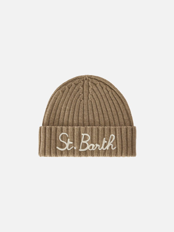 Bonnet Wengen beige avec broderie St. Barth 