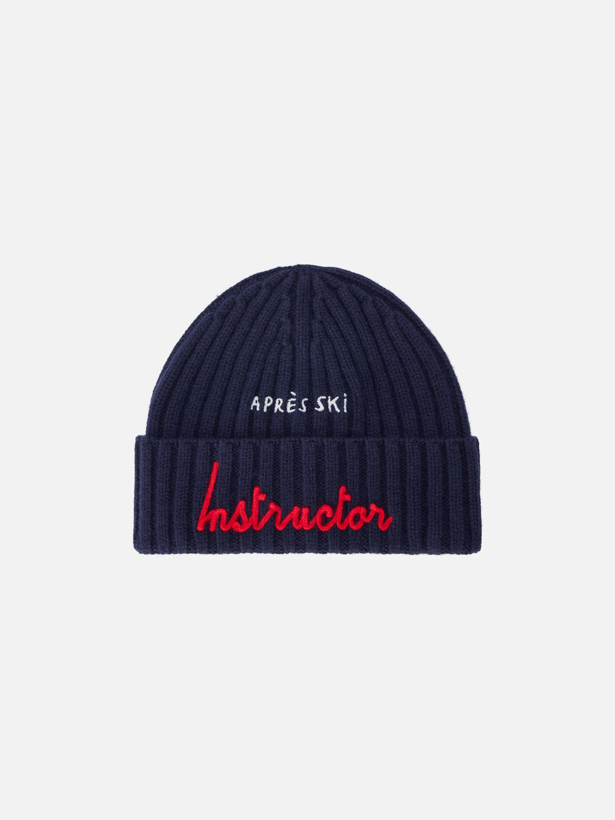 Navy blue Wengen beanie with Après Ski Instructor embroidery