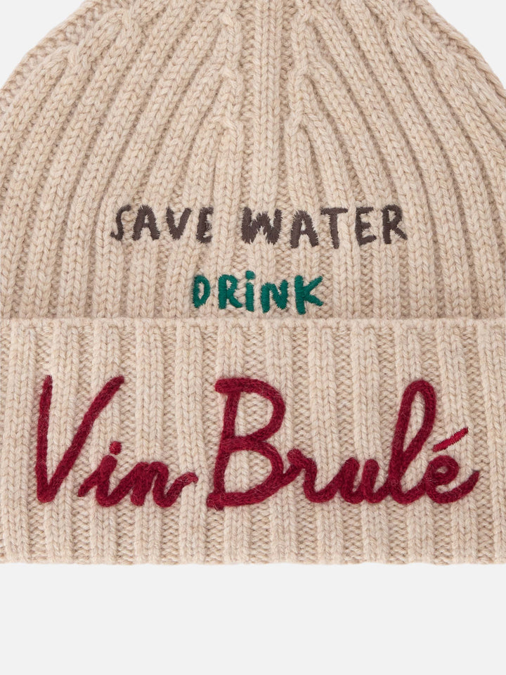 Beige Wengen beanie with Save Water Drink Vin Brulé embroidery