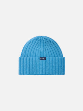 Berretto Wengen Jr in misto cashmere azzurro con Patch Snoopy e ricamo