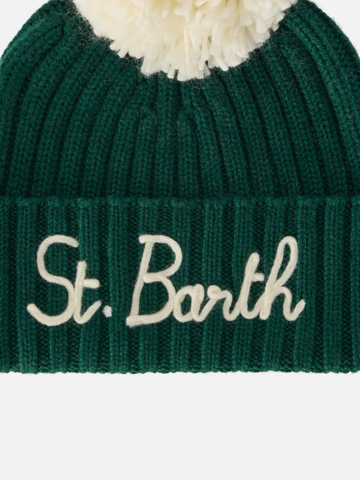 Green Wengen beanie with pompom and St. Barth embroidery