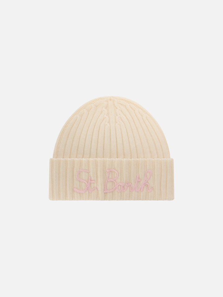 Off white Wengen beanie with pink St. Barth embroidery