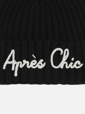 Wengen-Mütze aus Kaschmirmischung in Schwarz mit Lurex-Stickerei „Après Chic“.