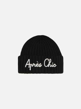 Wengen-Mütze aus Kaschmirmischung in Schwarz mit Lurex-Stickerei „Après Chic“.