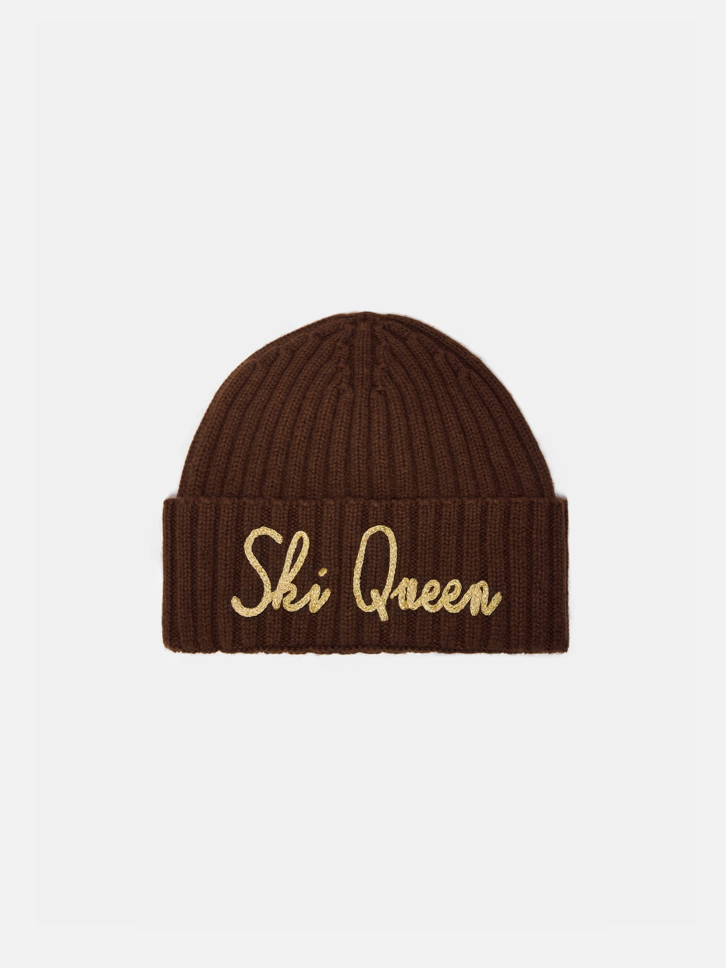 Gorro beanie Wengen de mezcla de cachemira en marrón con bordado Ski Queen en lurex 