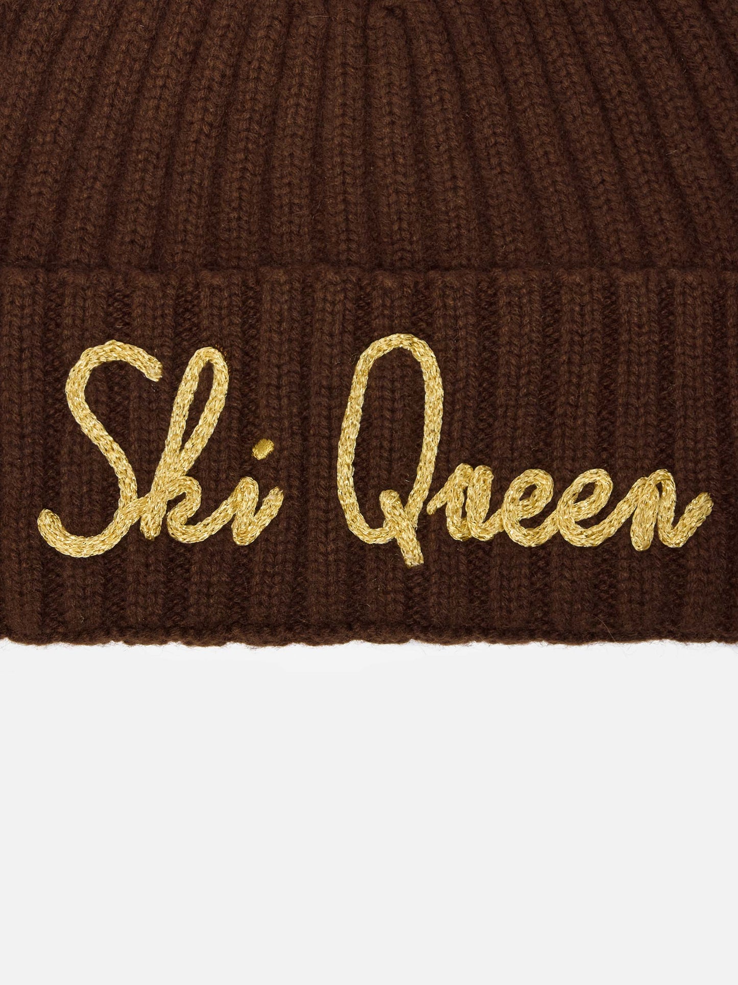 Gorro beanie Wengen de mezcla de cachemira en marrón con bordado Ski Queen en lurex 