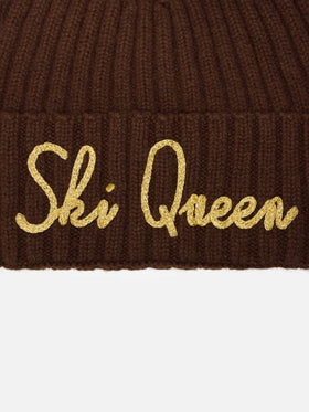 Gorro beanie Wengen de mezcla de cachemira en marrón con bordado Ski Queen en lurex 