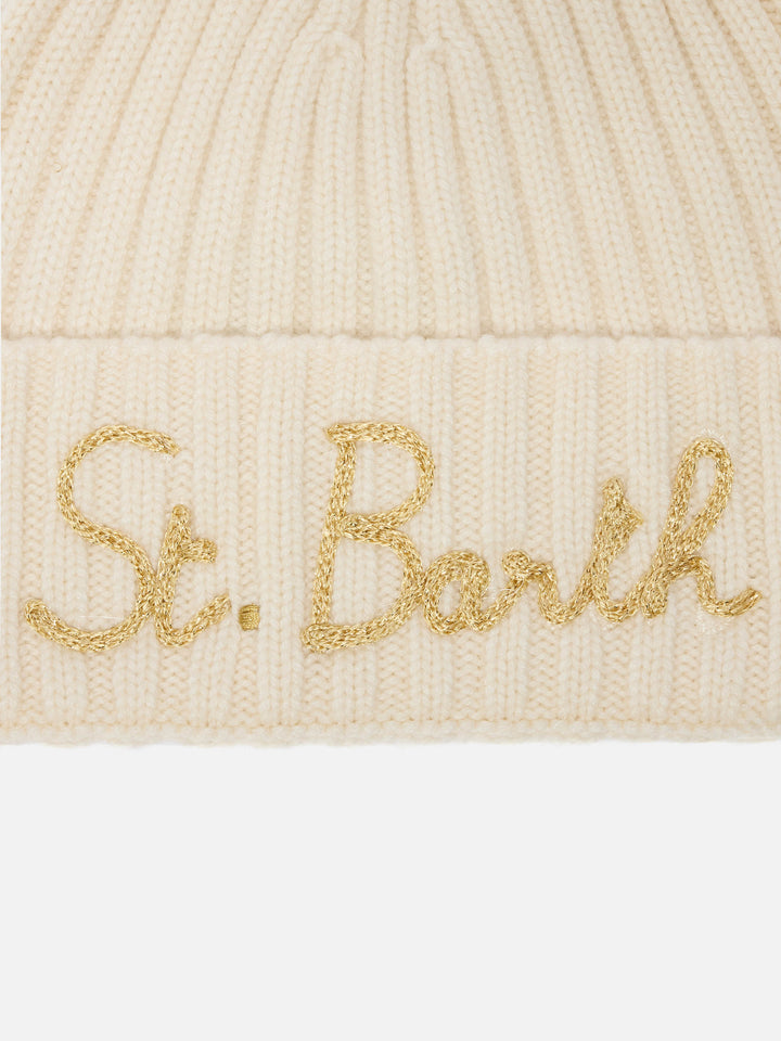 Cashmere blended Wengen beanie in white with lurex St. Barth embroidery