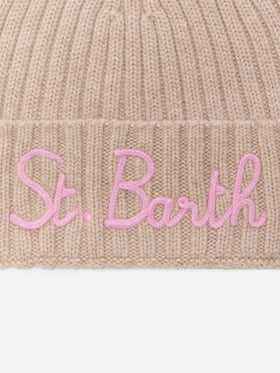 Kaschmirmisch gefütterter Wengen-Pullover in Beige mit St. Barth-Stickerei