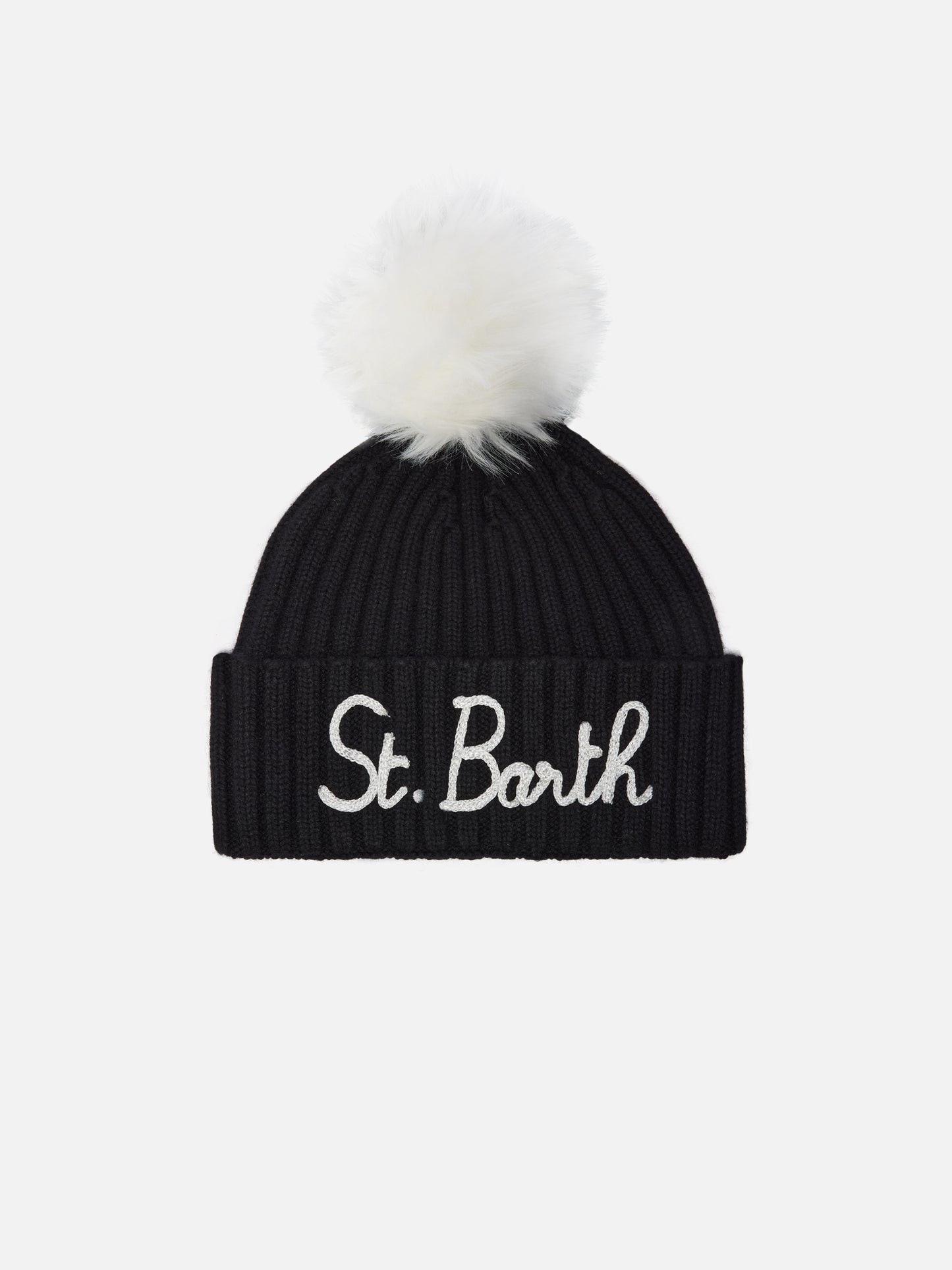 Bonnet Wengen en mélange de cachemire noir avec broderie St. Barth et pompon 