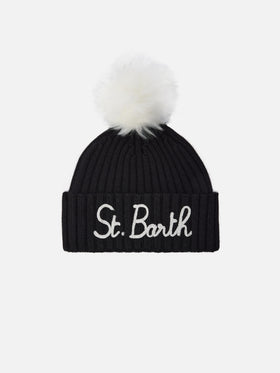 Bonnet Wengen en mélange de cachemire noir avec broderie St. Barth et pompon 