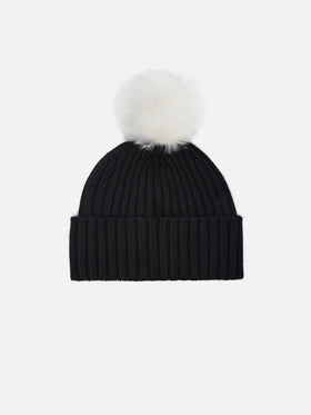 Bonnet Wengen en mélange de cachemire noir avec broderie St. Barth et pompon 