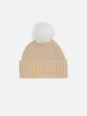 Wengen beanie in cashmere blend in beige with lurex Après Chic embroidery and pom-pom