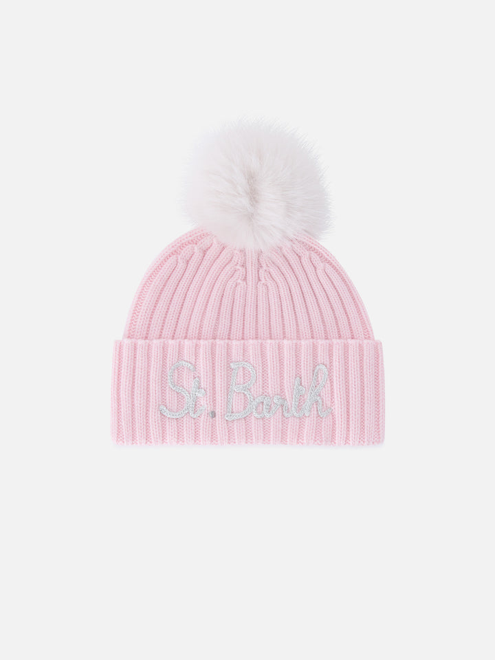 Gorro beanie Wengen rosa con pompón y bordado St. Barth 