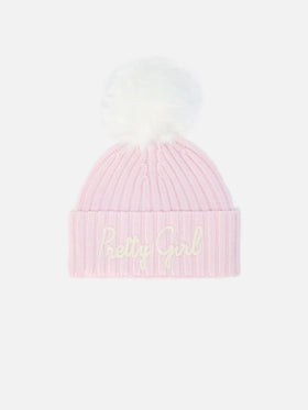 Gorro Wengen Jr F en mezcla de cachemir rosa con bordado Pretty Girl 