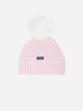 Gorro Wengen Jr F en mezcla de cachemir rosa con bordado Pretty Girl 