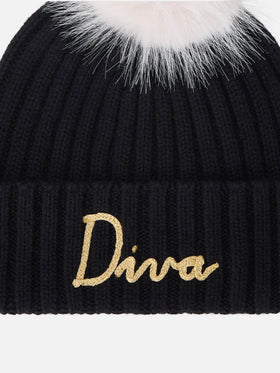 Black Wengen beanie with pompom and Diva embroidery