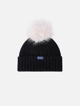 Black Wengen beanie with pompom and Diva embroidery