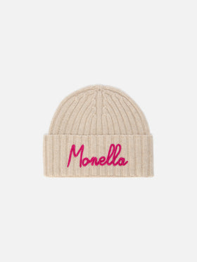 Wengen-Mütze aus Kaschmirmischung in Beige mit Monella-Stickerei
