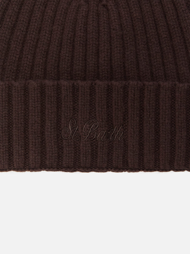 Dunkelbraune Wengen Beanie aus Wolle mit Logo-Stickerei 