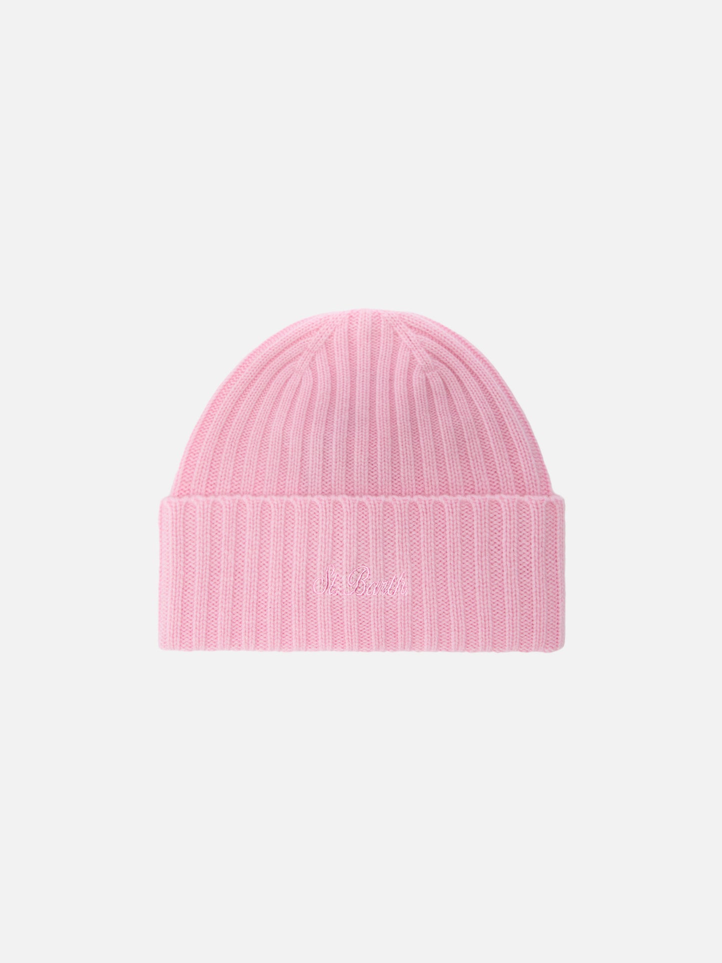 Wengen-Mütze aus rosa Kaschmir mit St.-Barth-Stickerei am Umschlag