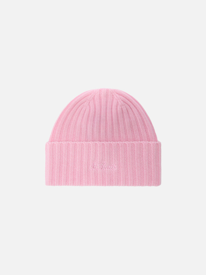 Wengen-Mütze aus rosa Kaschmir mit St.-Barth-Stickerei am Umschlag