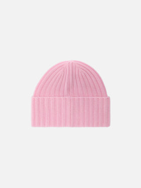 Wengen-Mütze aus rosa Kaschmir mit St.-Barth-Stickerei am Umschlag
