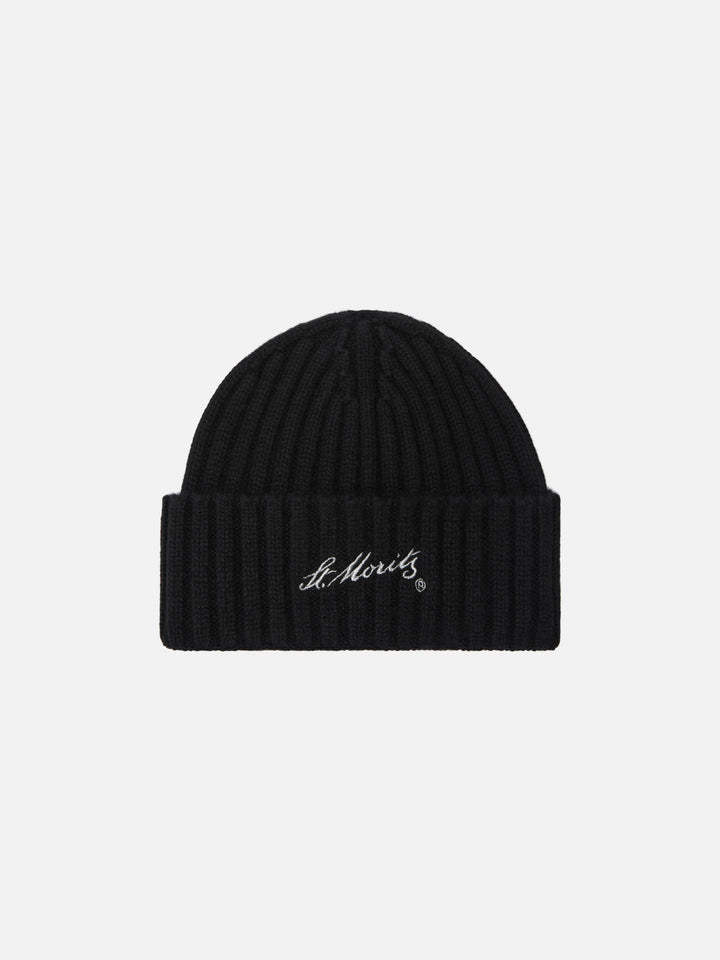 Wengen beanie in black cashmere with St. Moritz embroidery