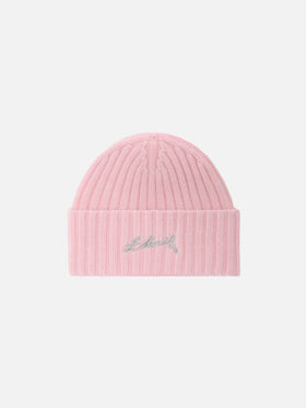 Wengen-Mütze aus rosa Kaschmir mit St. Moritz-Stickerei